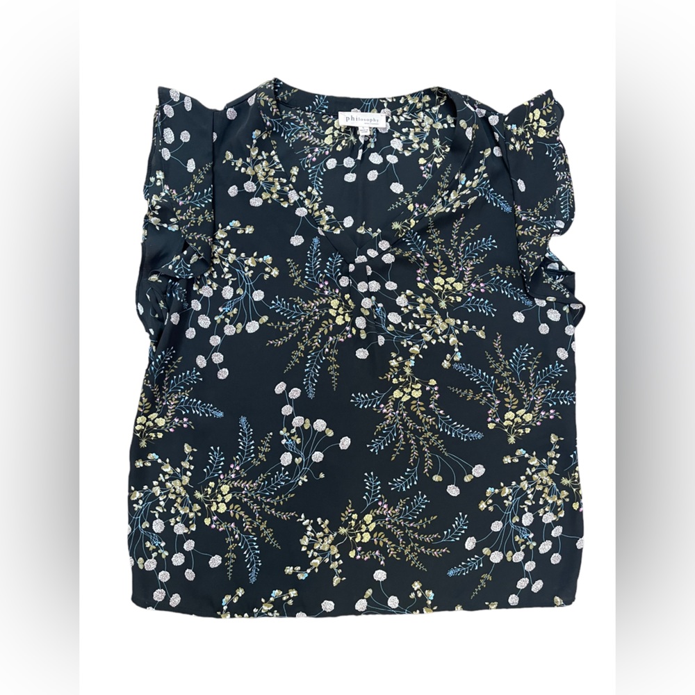 Floral Ruffle Sleeve Top - Black